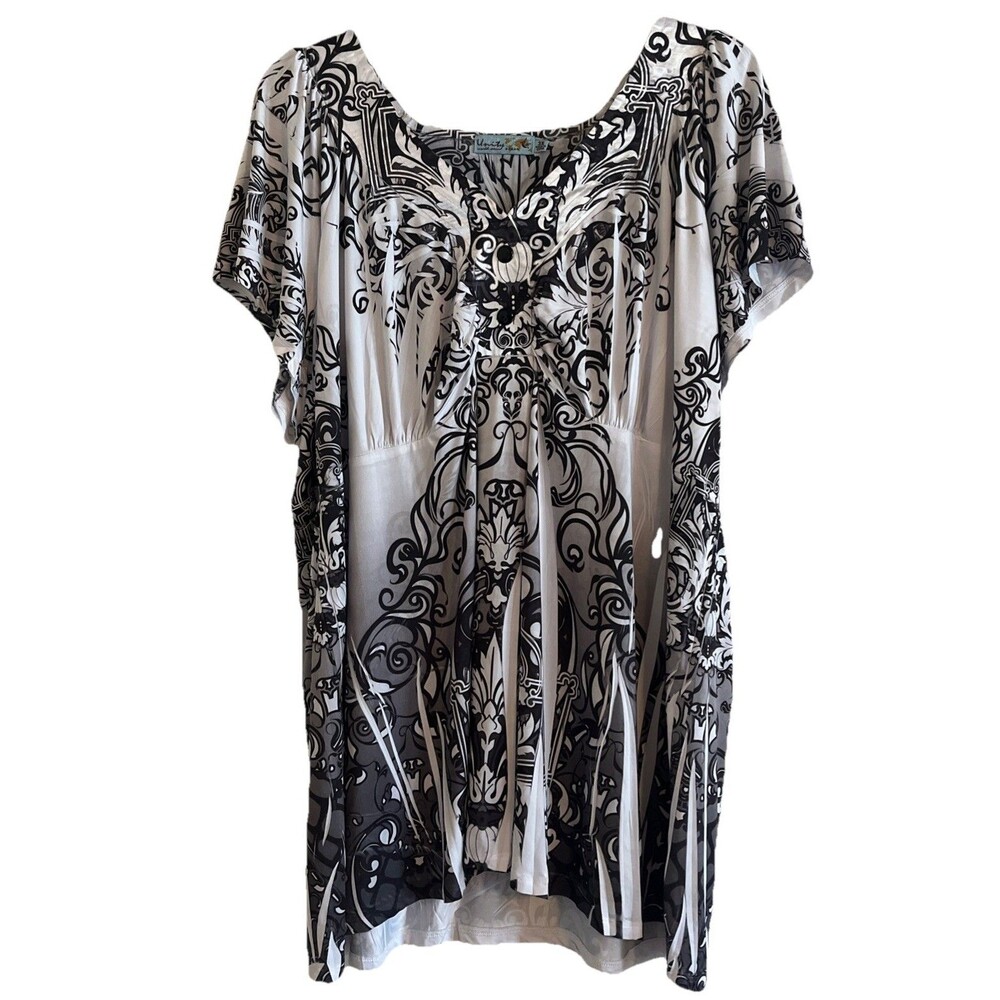 Unity World Wear Blouse Womens 3X Black White Abstract Design Tunic V-Neck Top